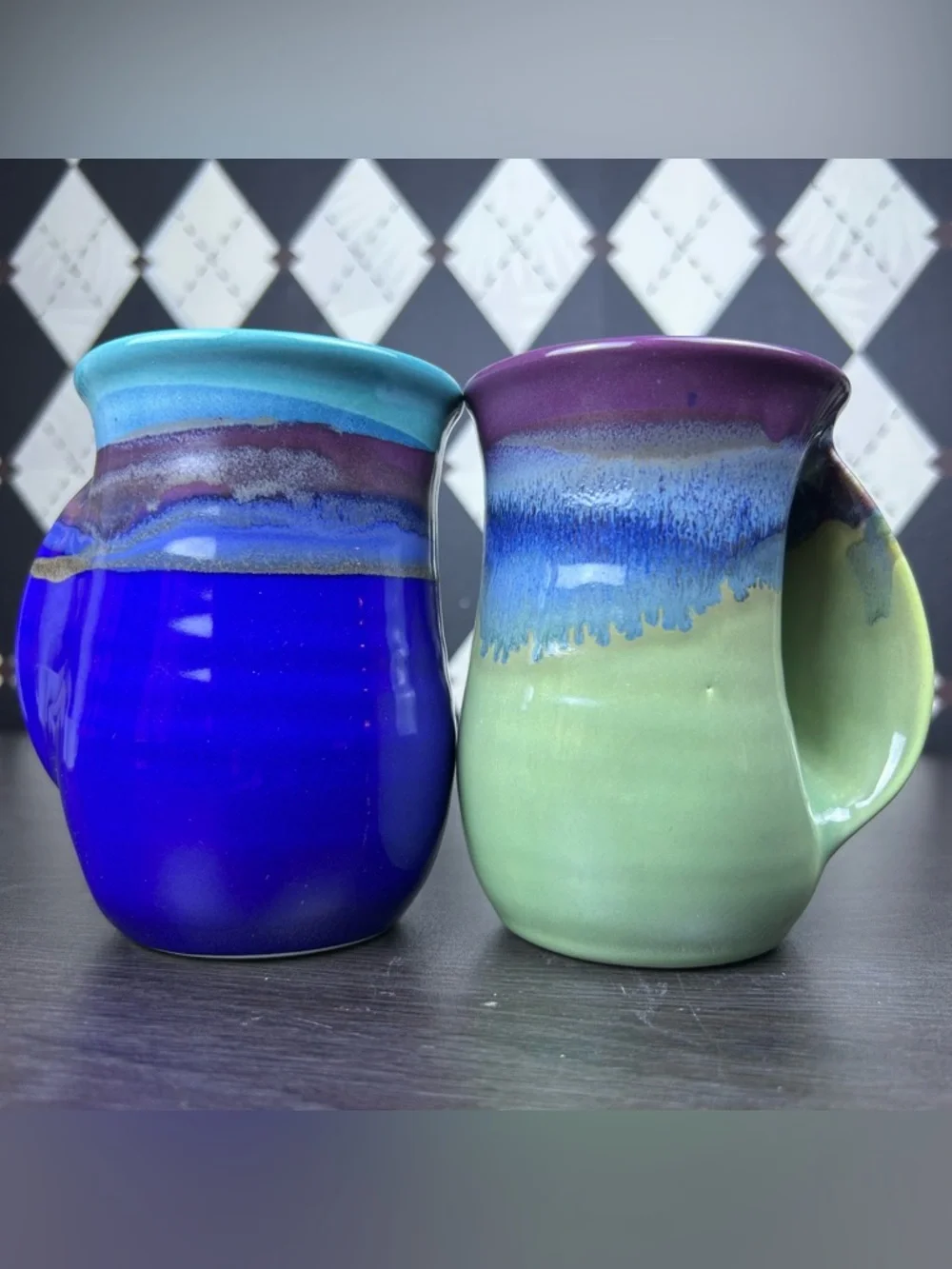Hand Warmer Mugs Signed Neher Pair Drip Glaze‎ Studio Pottery